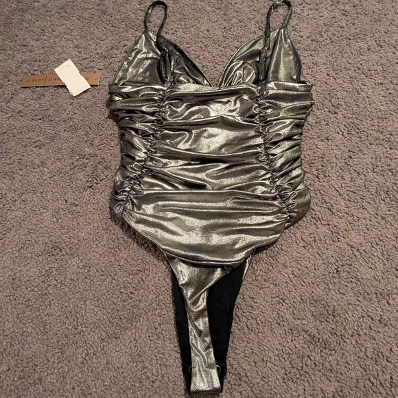 Large Metallic Silver Ruched Bodysuit - Picture 2 of 3